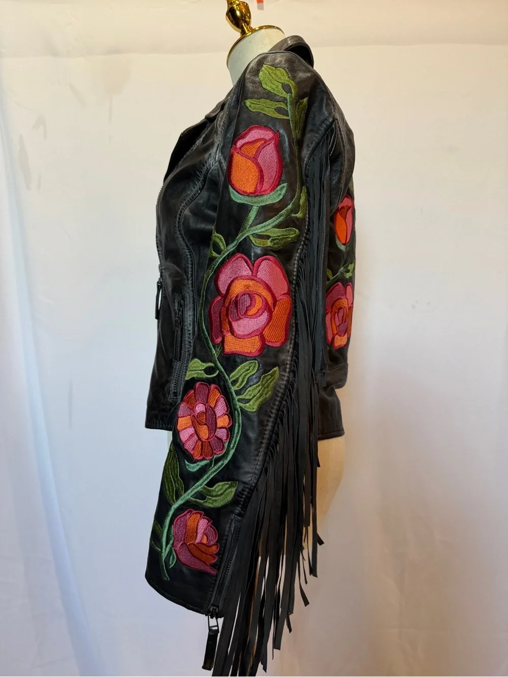 Free People x Mauritius Leather Jacket with Floral Embroidered and Fringe - Picture 3 of 7